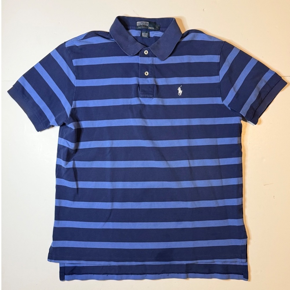 VTG Polo Ralph Lauren Polo Shirt Mens L Blue Striped Cotton Pique Short Sleeve